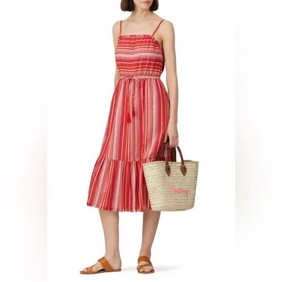 Greylin Dresses & Skirts - Greylin Striped Tiered Midi Sundress XS Tassel Fringe Crinkle Sleeveless Boho